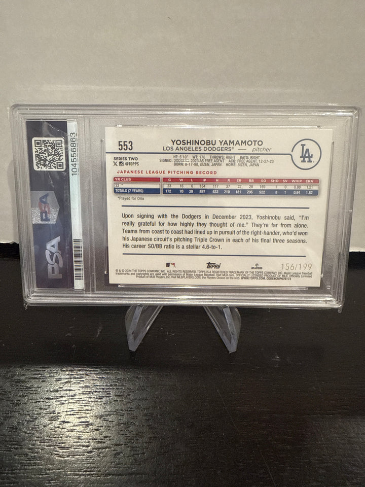 Yoshinobu Yamamoto 2024 Topps Series Two Red Foil Rookie, 156/199, PSA 10 Gem Mint