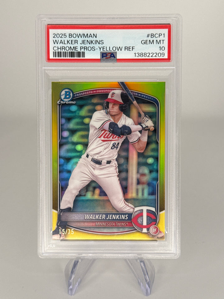 Walker Jenkins 2025 Bowman Chrome Yellow Refractor, 15/75, PSA 10 Gem Mint