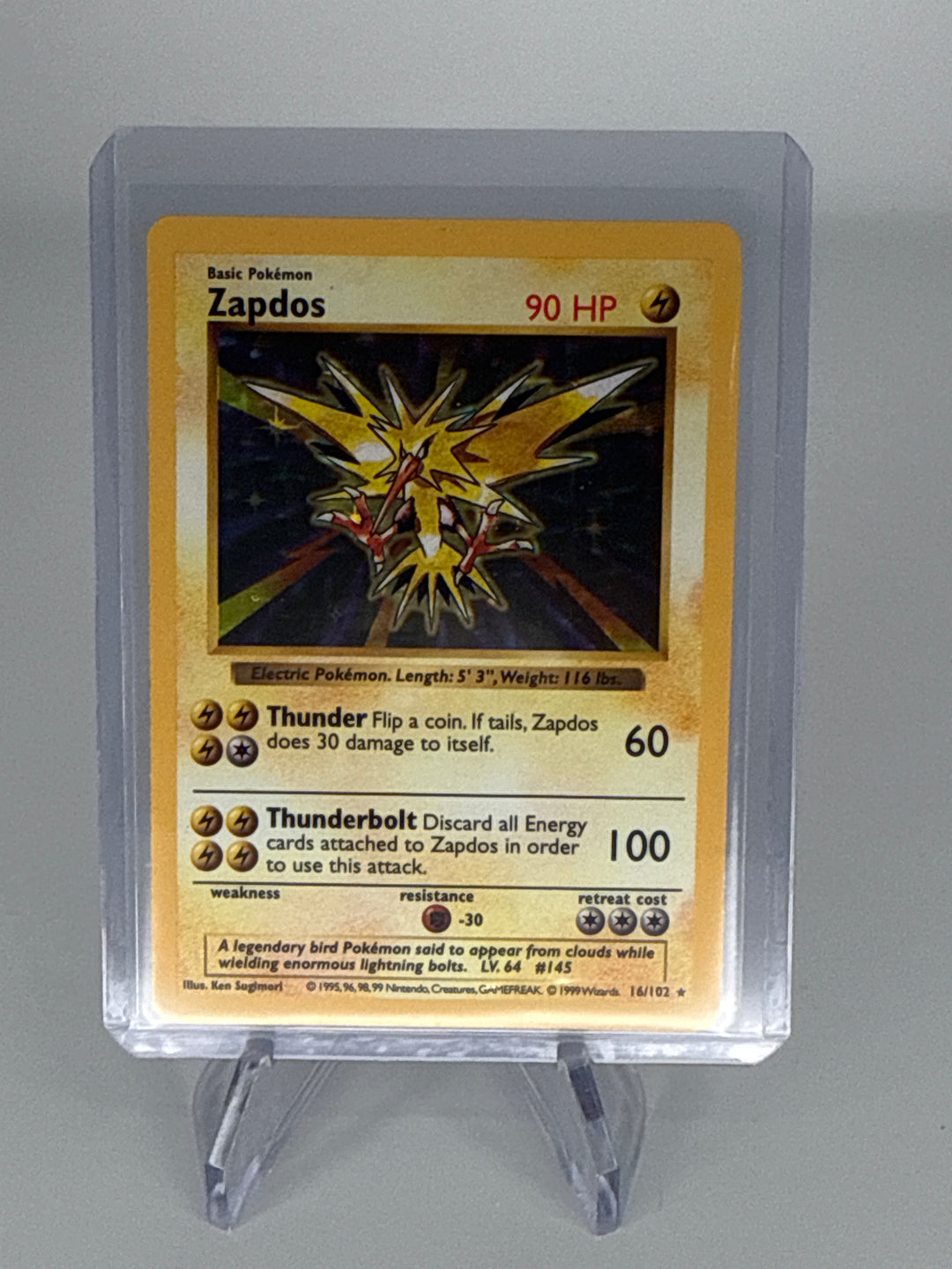 Pokemon TCG 1999 Zapdos Base Set Shadowless Holo, 16/102