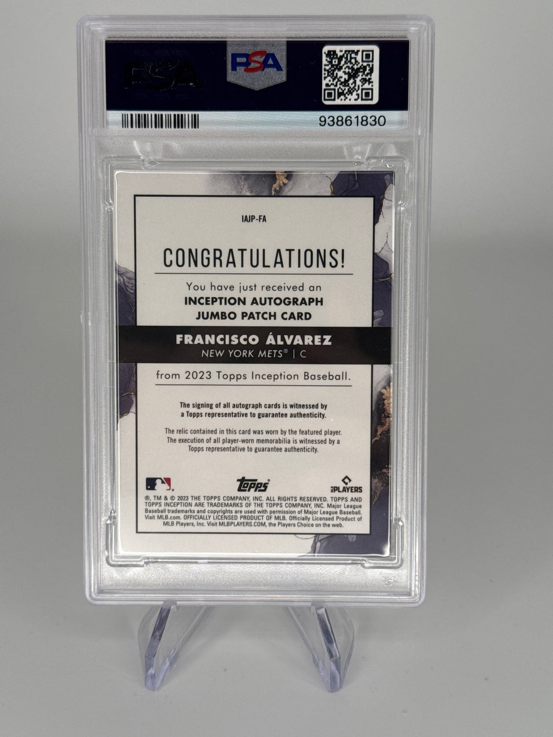 Francisco Alvarez 2023 Topps Inception Jumbo Rookie Patch Auto Blue, 04/10, PSA 9 Mint