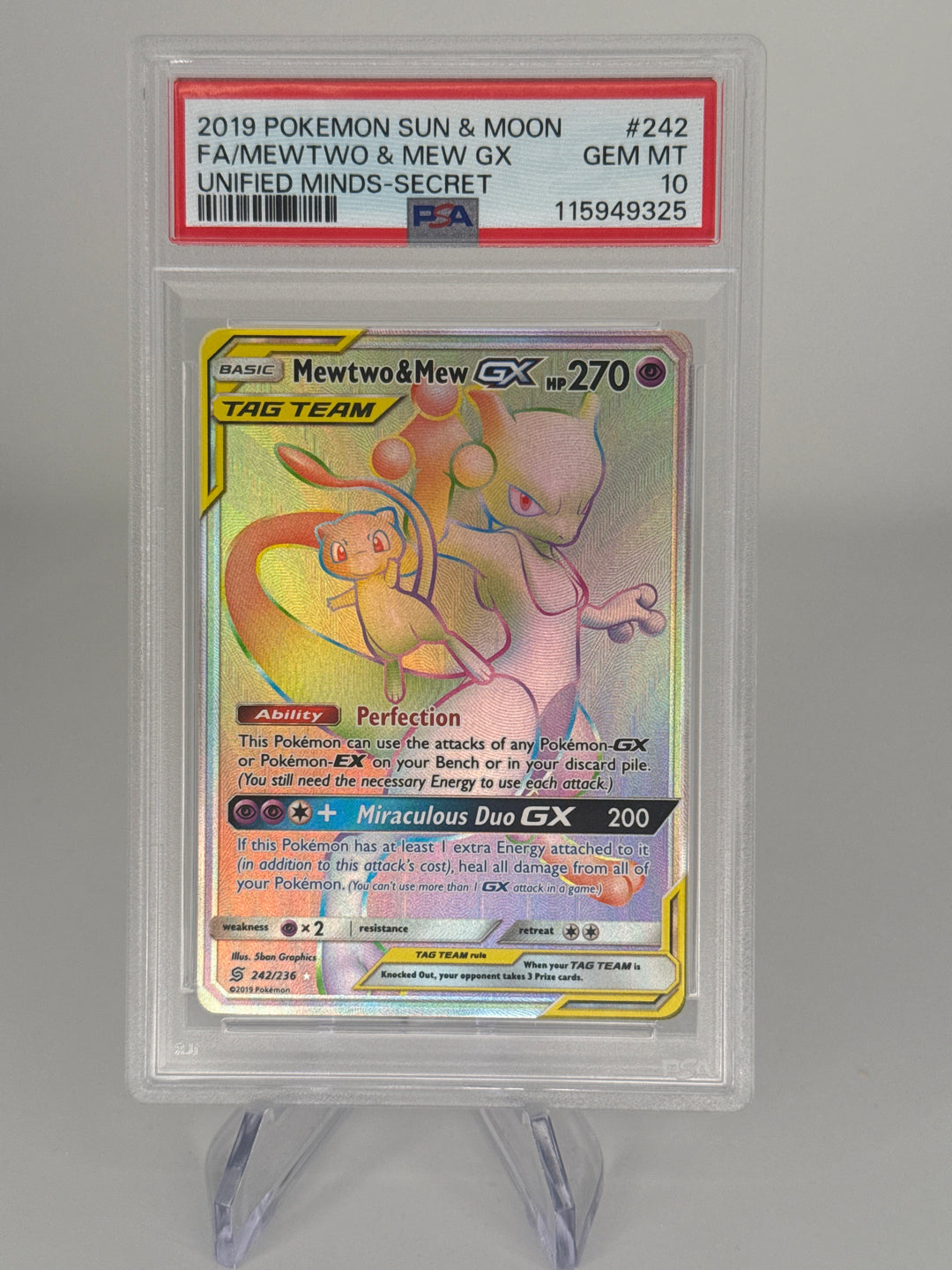 Pokemon TCG 2019 Mewtwo & Mew GX Tag Team Sun & Moon Unified Minds Full Art, 242/236, PSA 10 Gem Mint