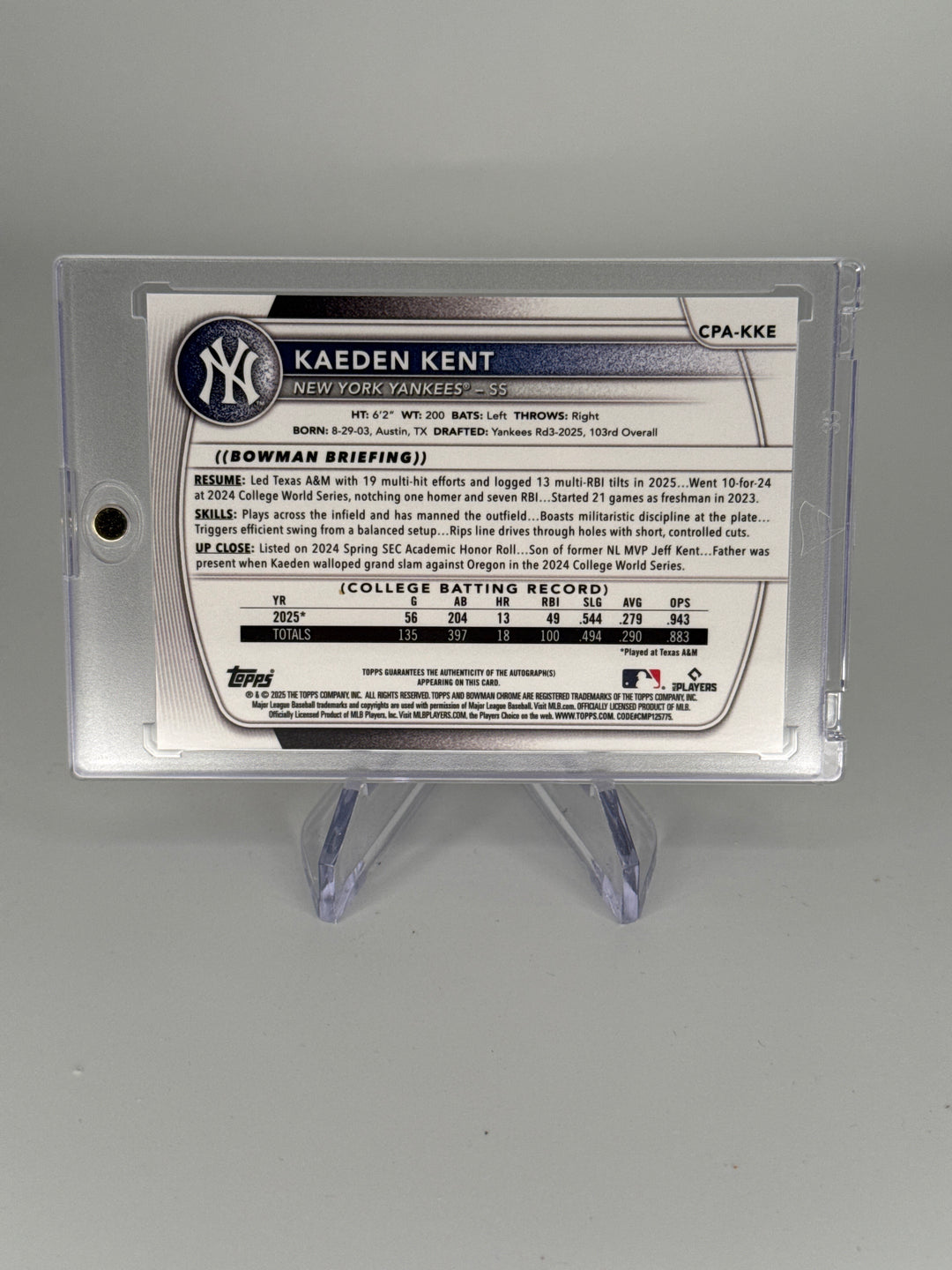 Kaeden Kent 2025 Bowman Chrome 1st Gold Refractor Auto, 24/50