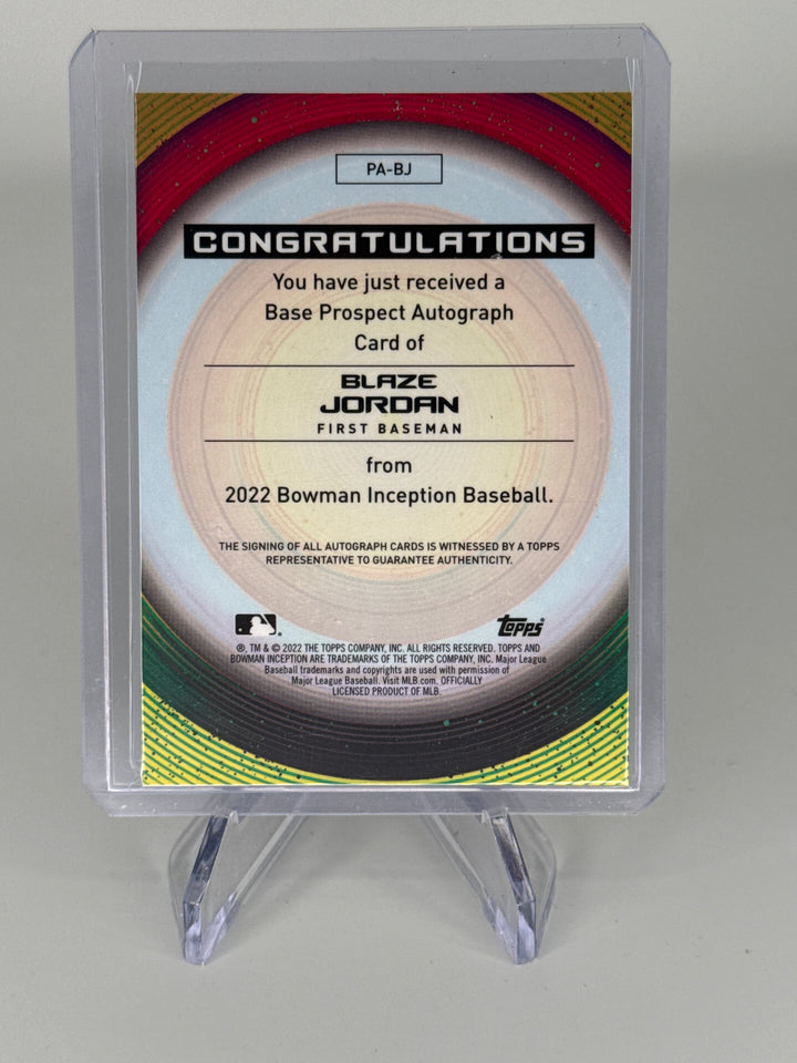 Blaze Jordan 2022 Bowman Inception Fuchsia Foil Prospect Auto, 71/75