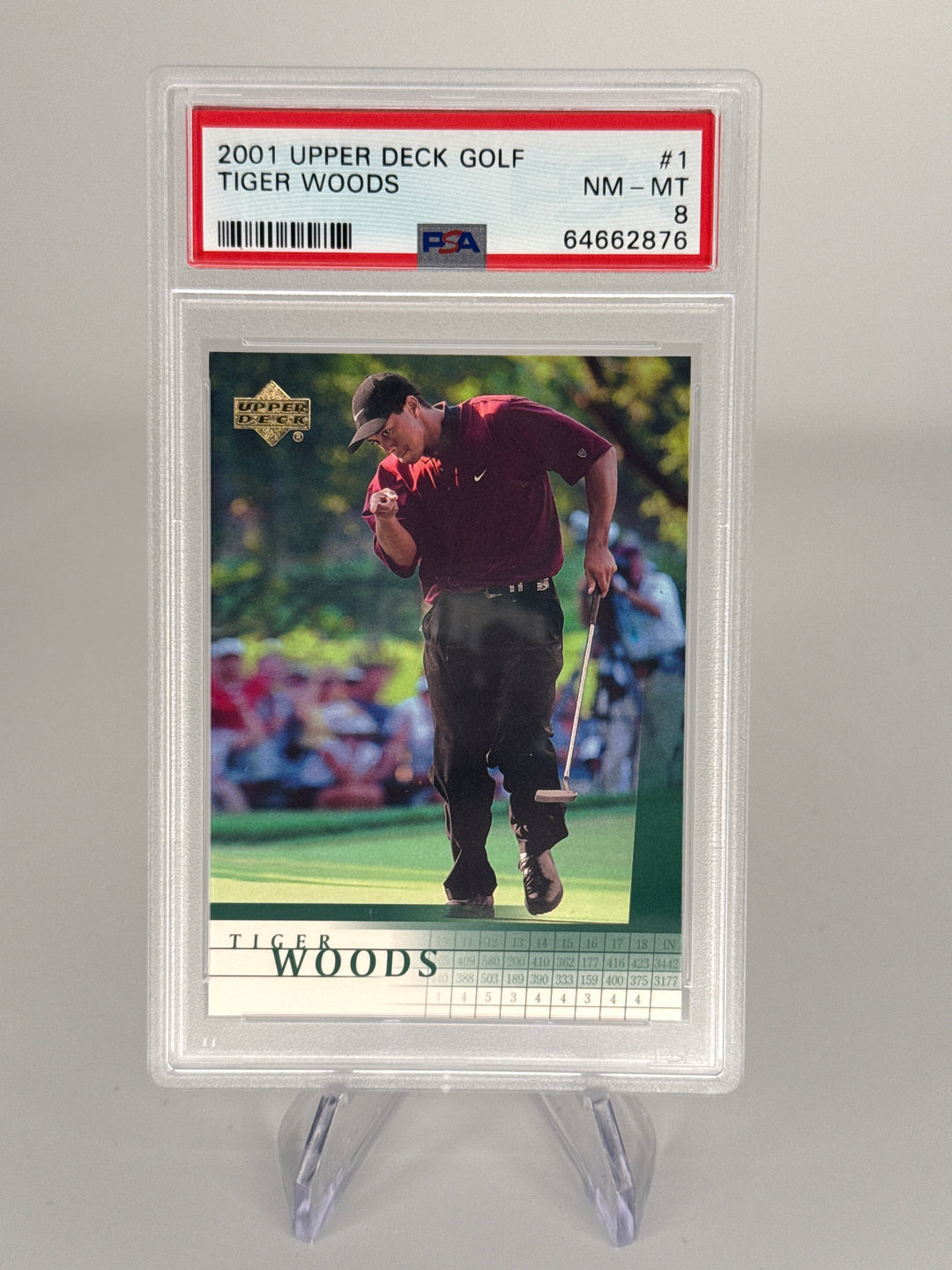 Tiger Woods 2001 Upper Deck Golf Rookie, PSA 8