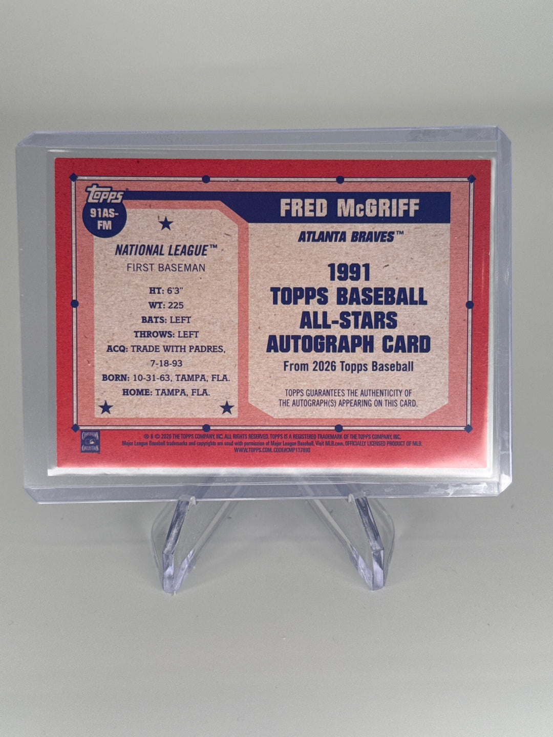 Fred McGriff 2026 Topps 1991 75th Anniversary Blue Auto, 055/150