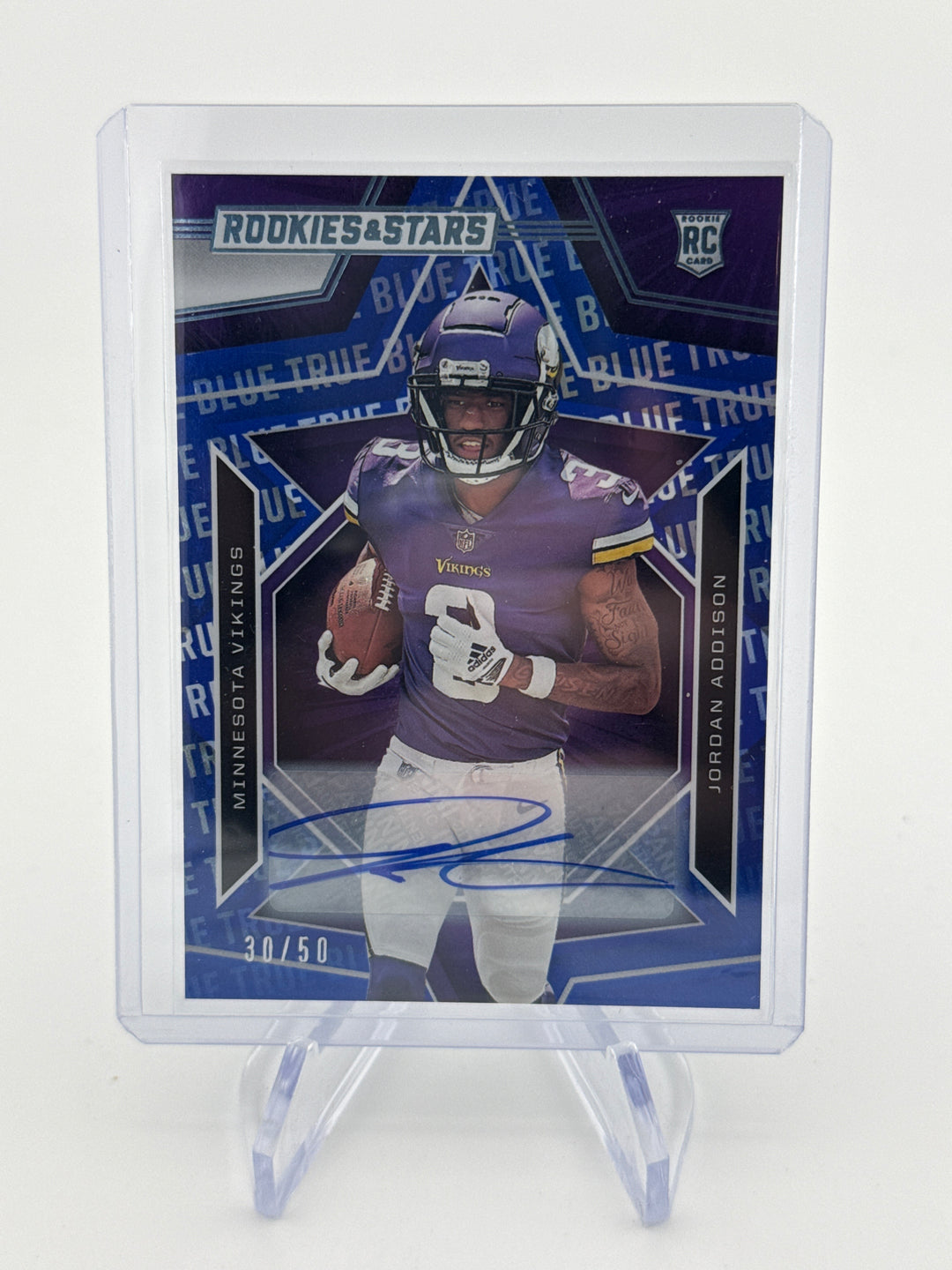 Jordan Addison 2023 Panini Rookies & Stars True Blue Rookie Auto, 30/50