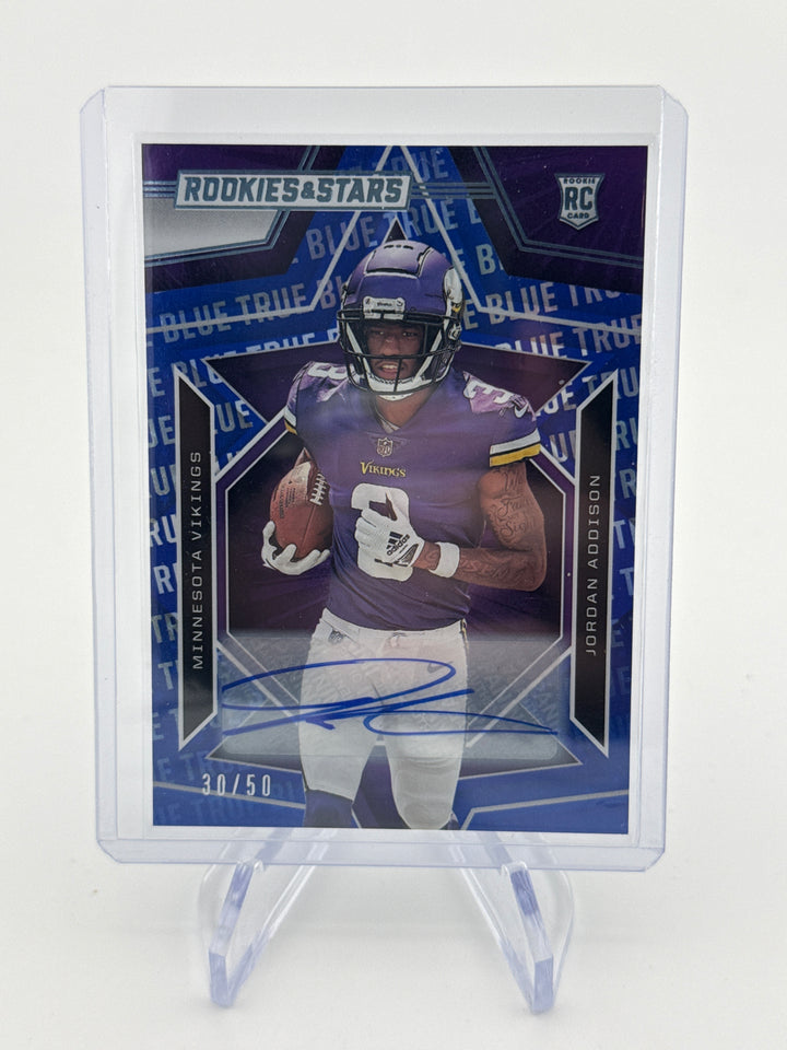 Jordan Addison 2023 Panini Rookies & Stars True Blue Rookie Auto, 30/50
