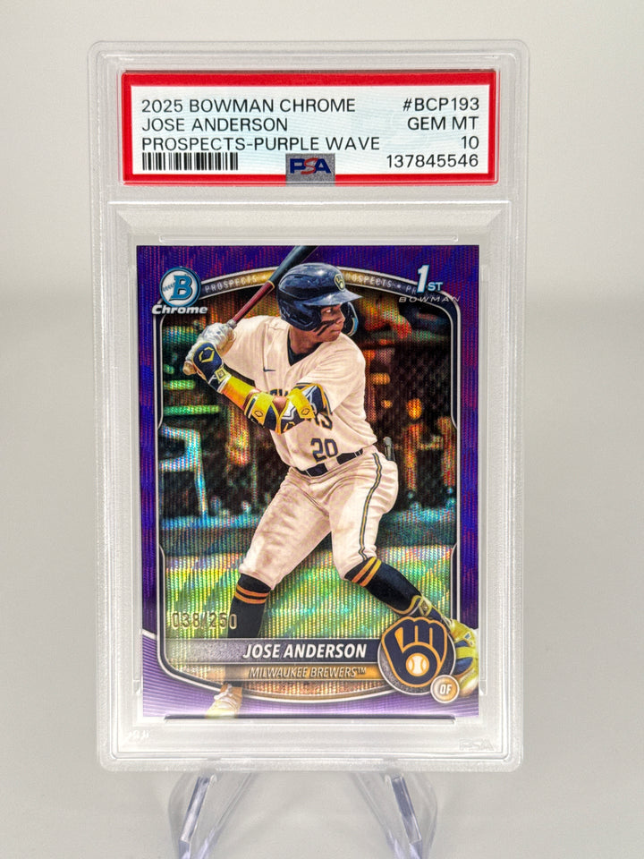 Jose Anderson 2025 Bowman Chrome Draft Purple Wave Refractor 1st, 038/250, PSA 10 Gem Mint