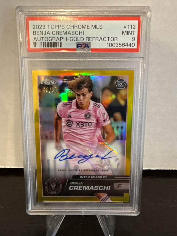 Benja Cremaschi 2023 Topps Chrome MLS Rookie Auto Gold Refractor, 48/50, PSA 9 Mint
