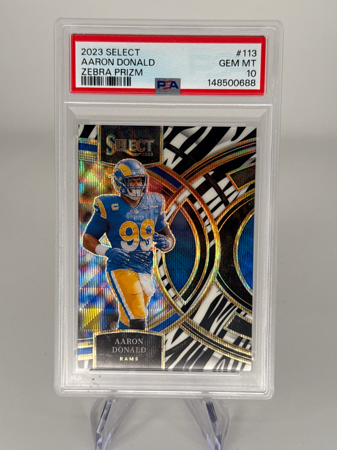 Aaron Donald 2023 Panini Select Zebra Prizm SSP, PSA 10 Gem Mint