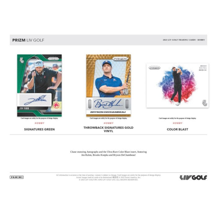 Three golf trading cards from Prizm LIV Golf on a white background