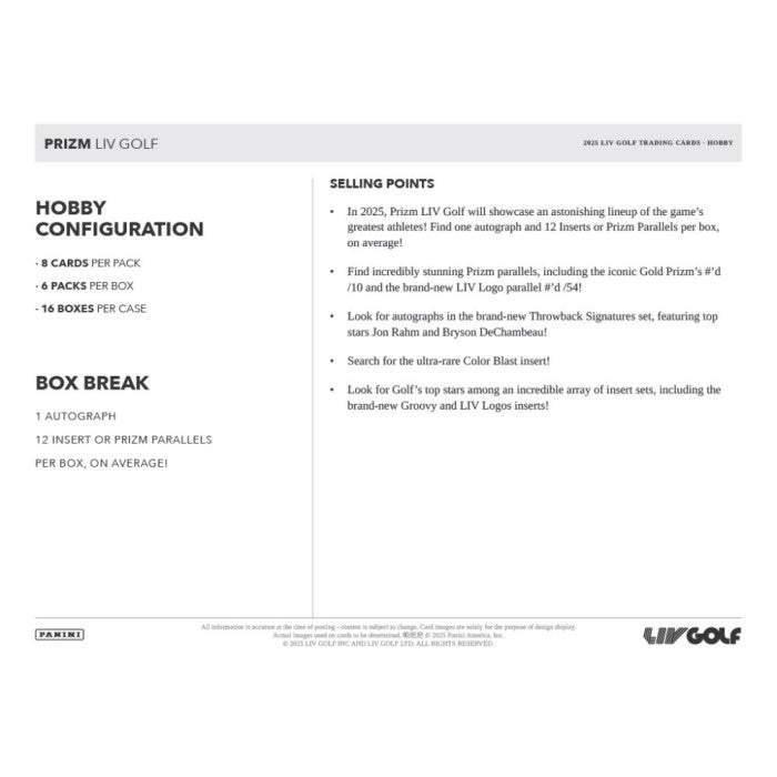 Product packaging for Prizm LIV Golf trading cards with text and branding.