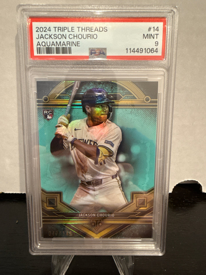 Jackson Chourio 2024 Topps Triple Threads Aquamarine Rookie, 047/149, PSA 9 Mint