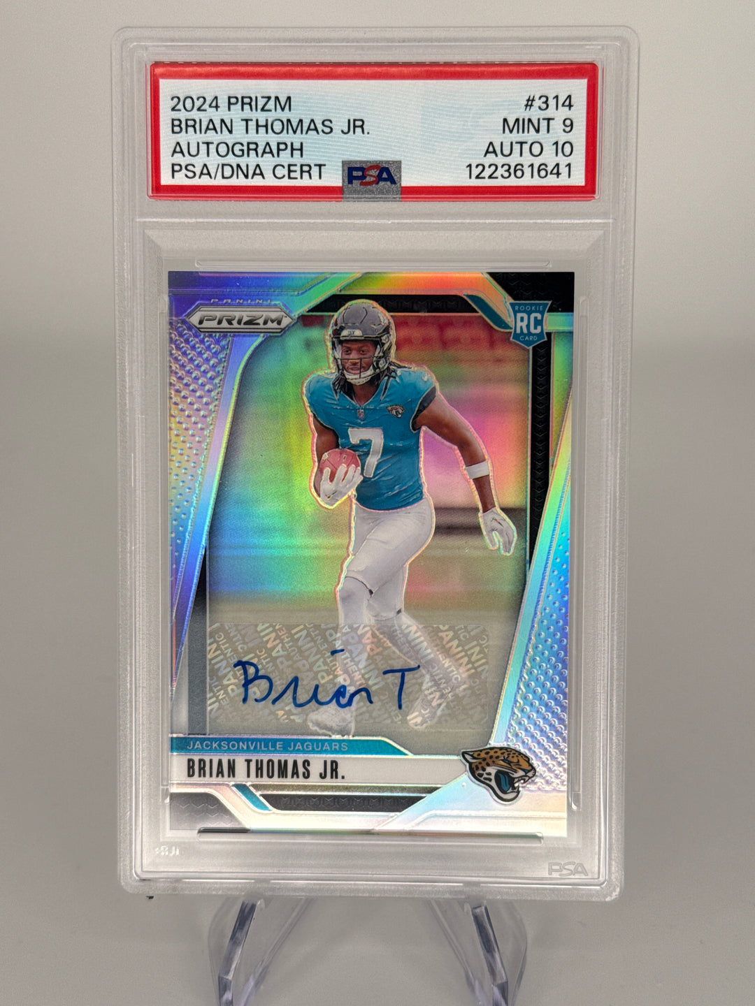 Brian Thomas Jr 2024 Panini Prizm Silver Rookie Auto, PSA 9 Mint, PSA 10 Auto