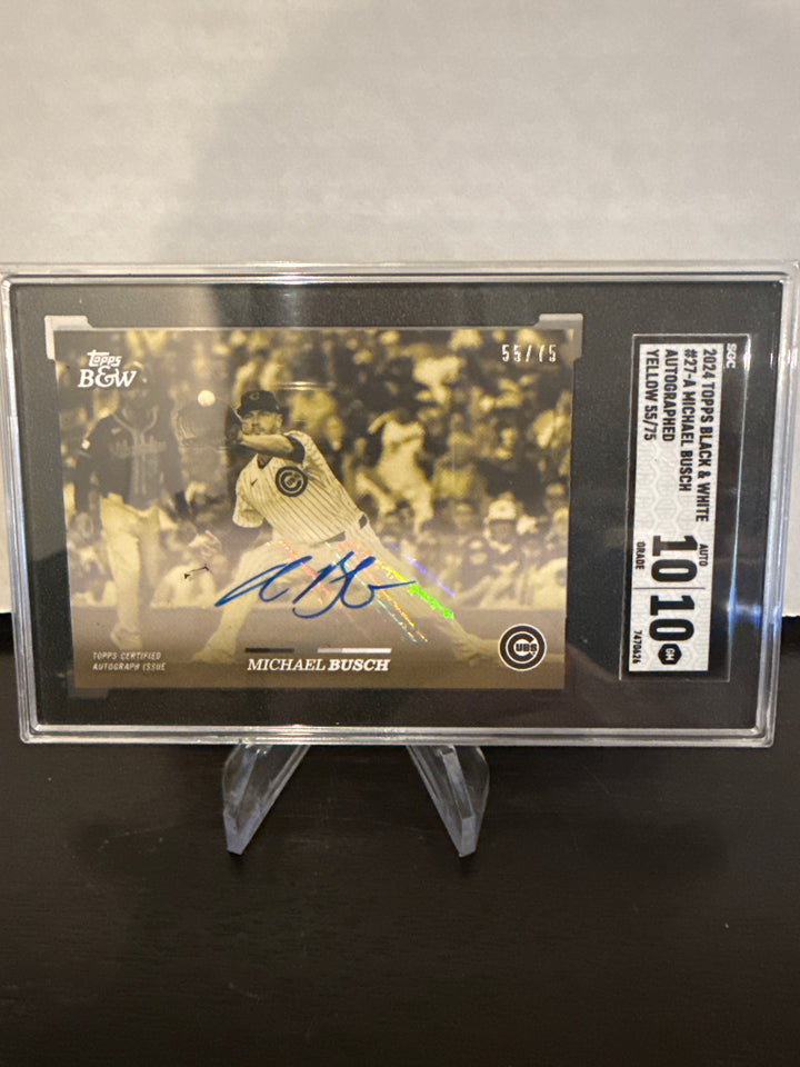 Michael Busch 2024 Topps Black & White Yellow Auto, 55/75, SGC 10 Gem Mint
