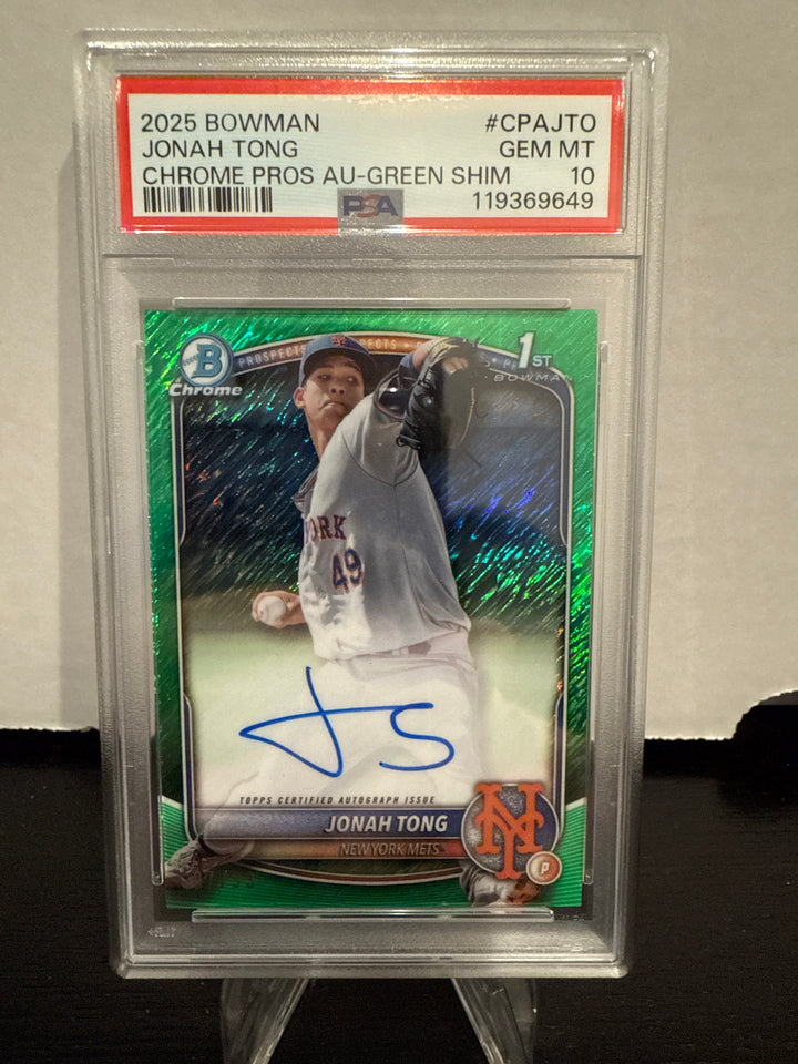 Jonah Tong 2025 Bowman Chrome Prospect Auto Green Shimmer, 07/99, PSA 10 Gem Mint