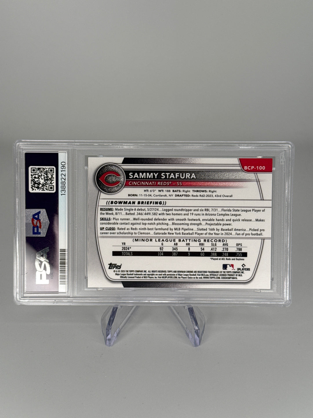 Sammy Stafura 2025 Bowman Chrome Gold Shimmer Refractor 1st, 43/50, PSA 10 Gem Mint