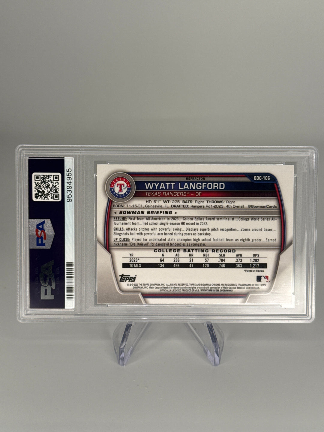 Wyatt Langford 2023 Bowman Draft Chrome 1st Refractor, PSA 10 Gem Mint