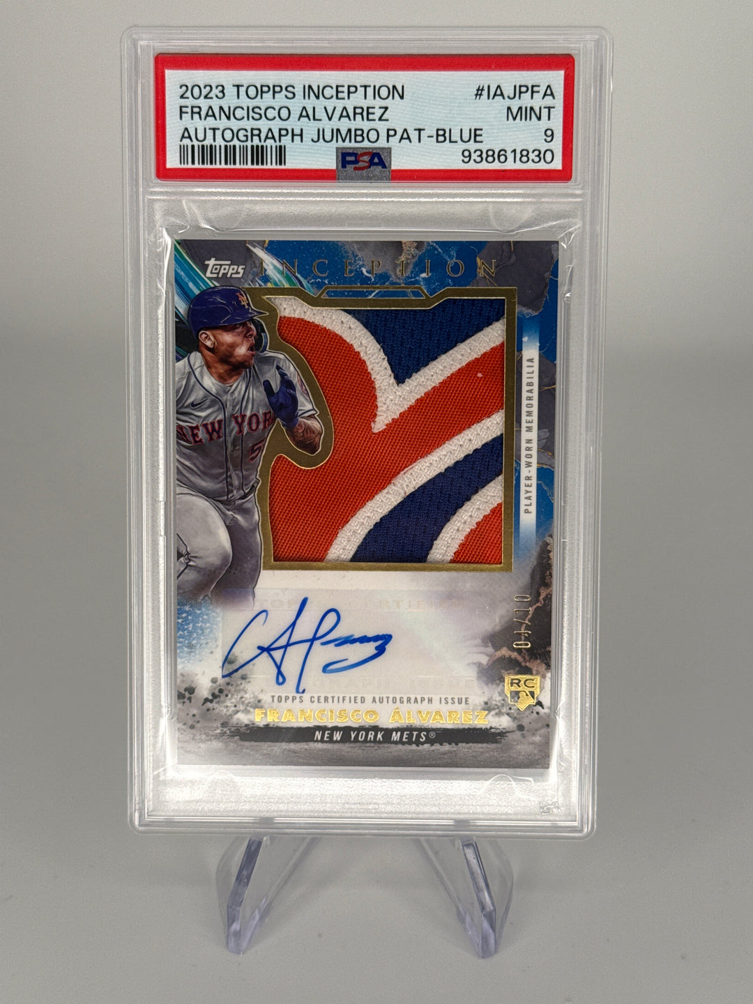 Francisco Alvarez 2023 Topps Inception Jumbo Rookie Patch Auto Blue, 04/10, PSA 9 Mint