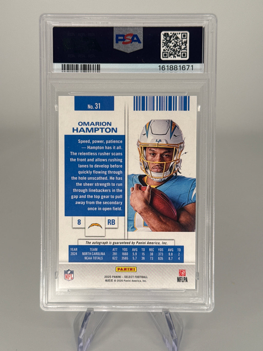 Omarion Hampton 2025 Panini Contenders Rookie Ticket Cracked Ice Auto, 09/24, PSA 9 Mint