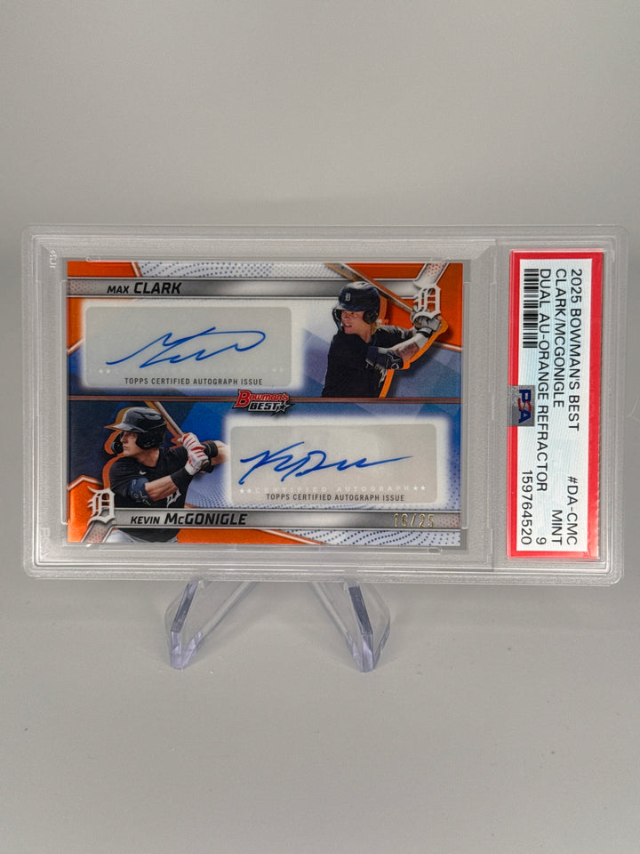 Max Clark/Kevin McGonigle 2025 Bowman's Best Dual Auto Orange Refractor, 16/25, PSA 9 Mint