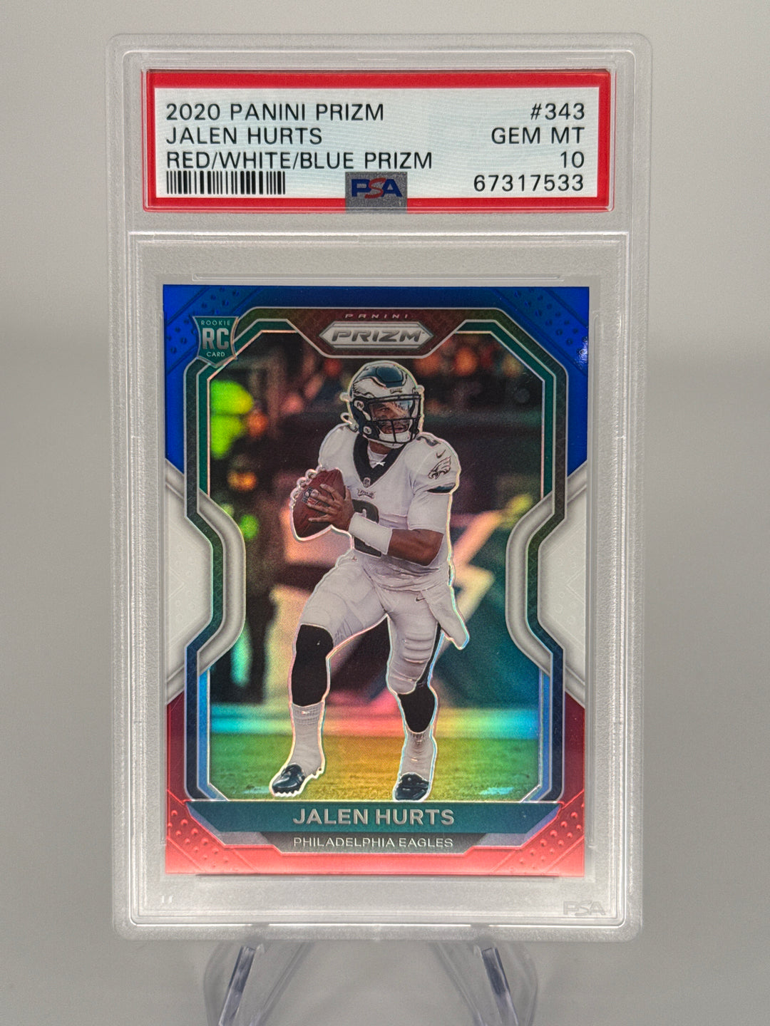 Jalen Hurts 2020 Panini Prizm Red/White/Blue Prizm Rookie, PSA 10 Gem Mint