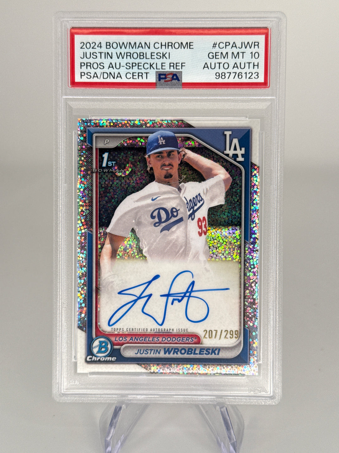Justin Wrobleski 2024 Bowman Chrome Speckle Refractor 1st Auto, 207/299, PSA 10 Gem Mint