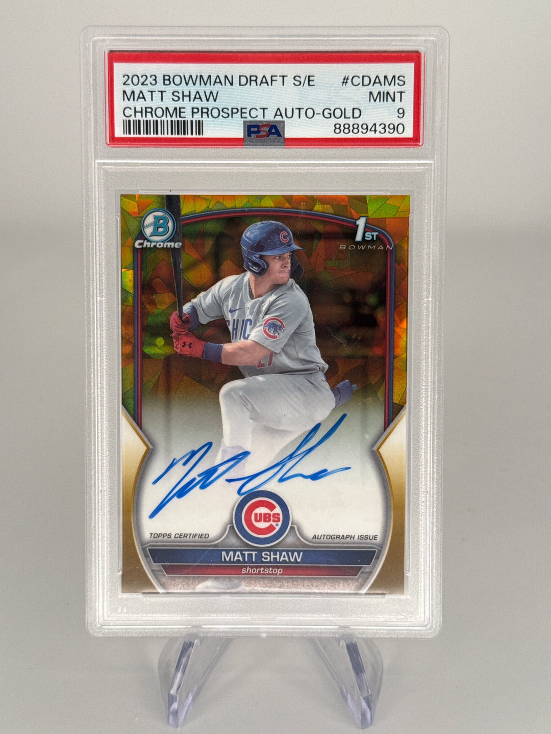 Matt Shaw 2023 Bowman Draft Chrome Sapphire 1st Gold Auto, 47/50, PSA 9 Mint