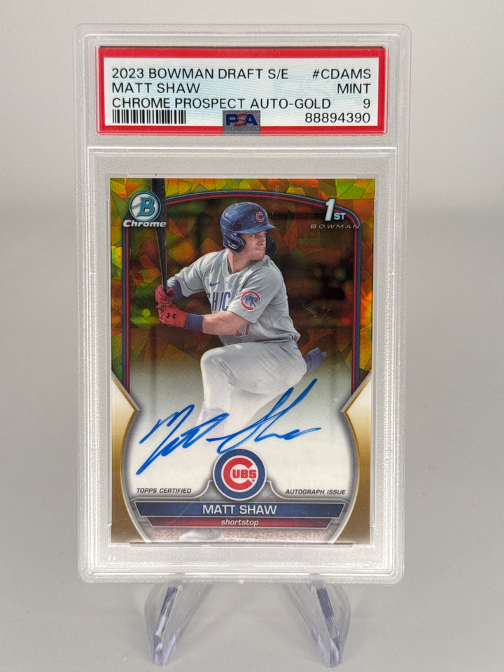 Matt Shaw 2023 Bowman Draft Chrome Sapphire 1st Gold Auto, 47/50, PSA 9 Mint