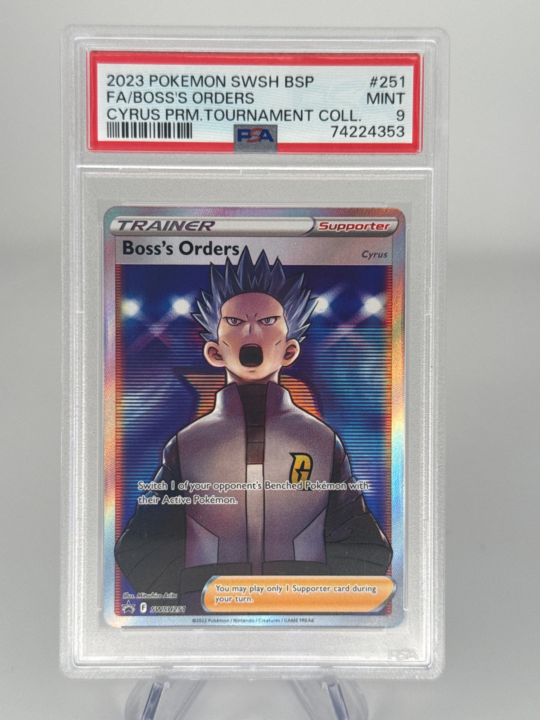 Pokemon TCG 2023 Boss's Orders Cyrus Full Art Black Star Promo, SWSH251, PSA 9 Mint