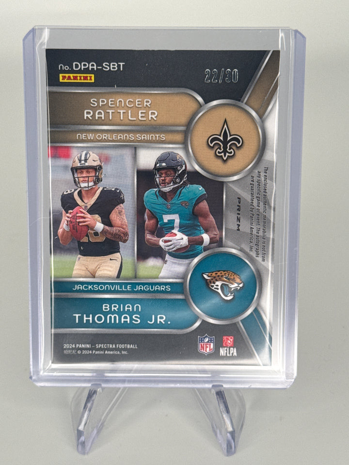Spencer Rattler/Brian Thomas Jr 2024 Panini Spectra Dual Rookie Patch Auto, Purple, 22/30