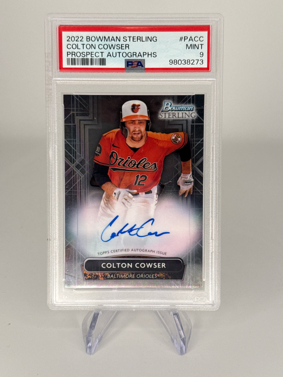 Colton Cowser 2022 Bowman Sterling Prospect Auto, PSA 9 Mint