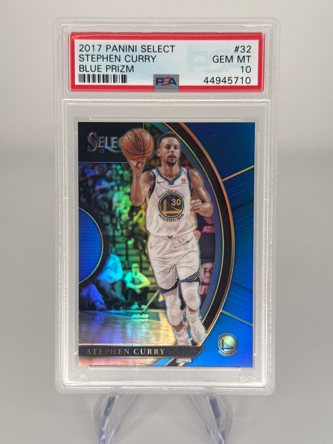 Stephen Curry 2017 Panini Select Blue Prizm, 293/299, PSA 10 Gem Mint
