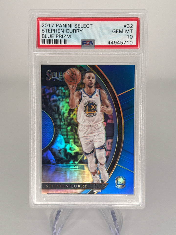 Stephen Curry 2017 Panini Select Blue Prizm, 293/299, PSA 10 Gem Mint