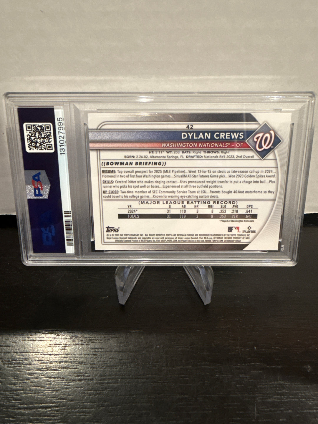 Dylan Crews 2025 Bowman Mega Box Aqua Refractor Rookie, 089/125, PSA 10 Gem Mint