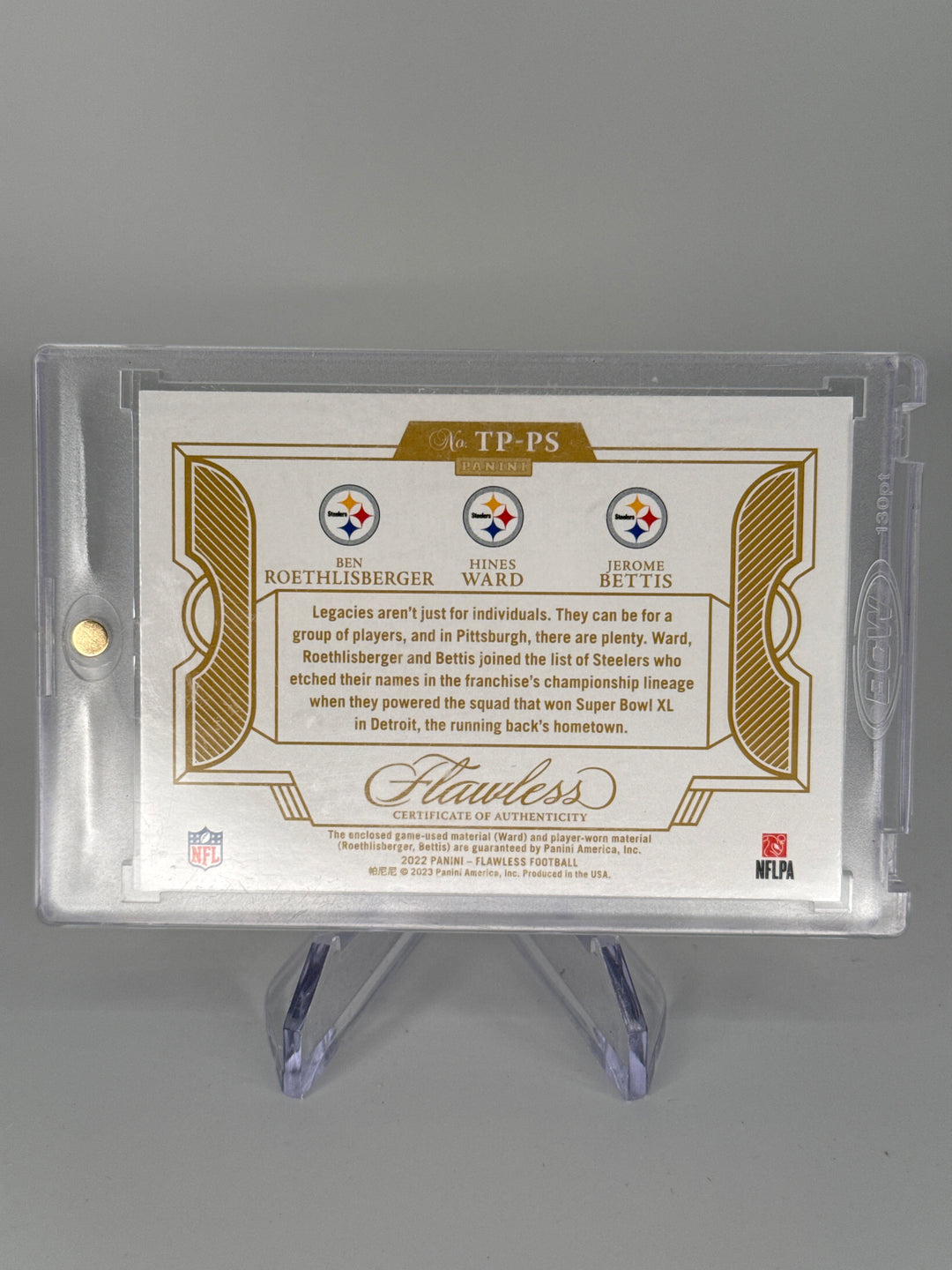 Ben Roethlisberger/Hines Ward/Jerome Bettis 2022 Panini Flawless Triple Relic, 16/25