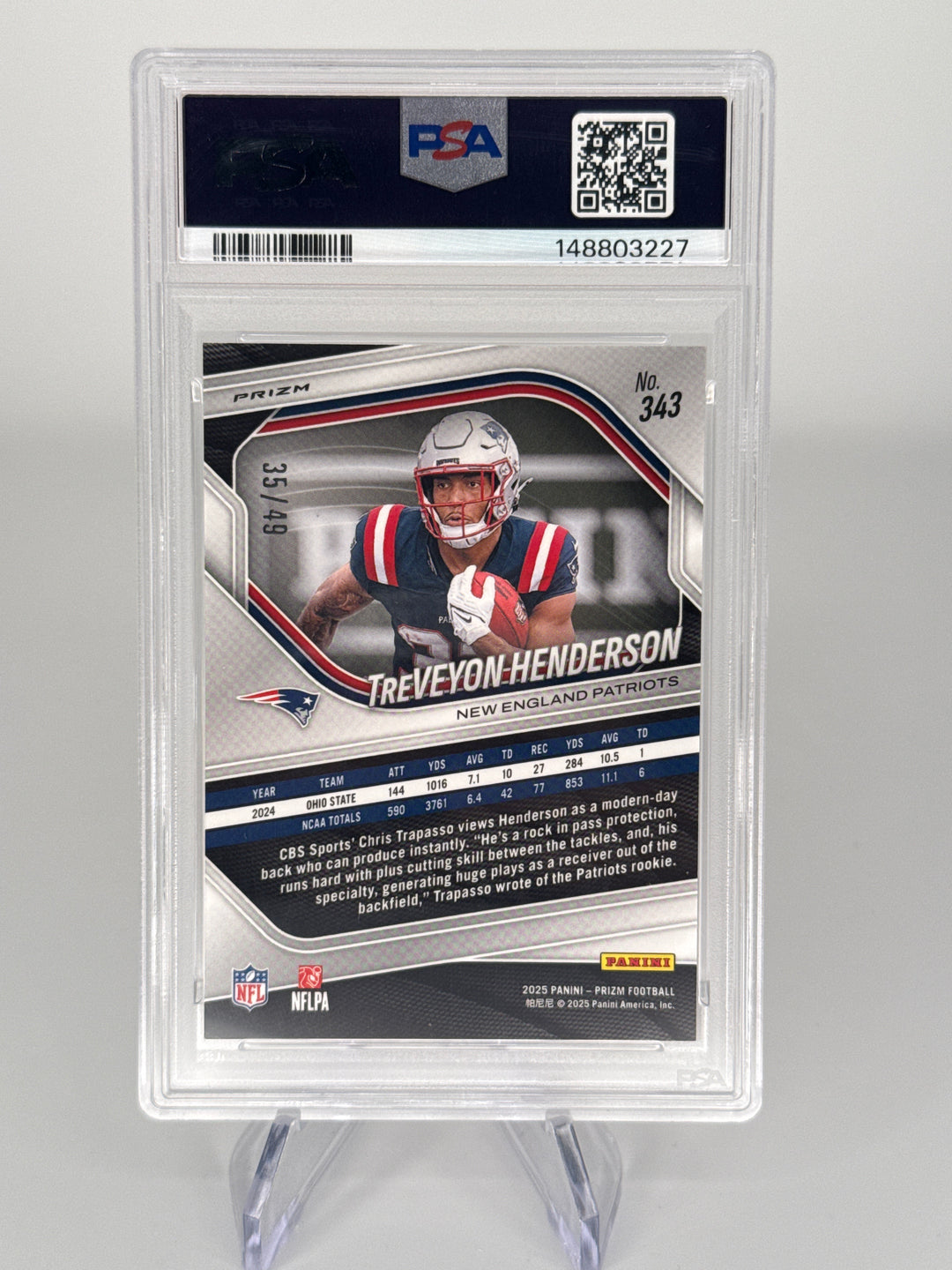 Treveyon Henderson 2025 Panini Prizm Red Shimmer Rookie, 35/49, PSA 9 Mint