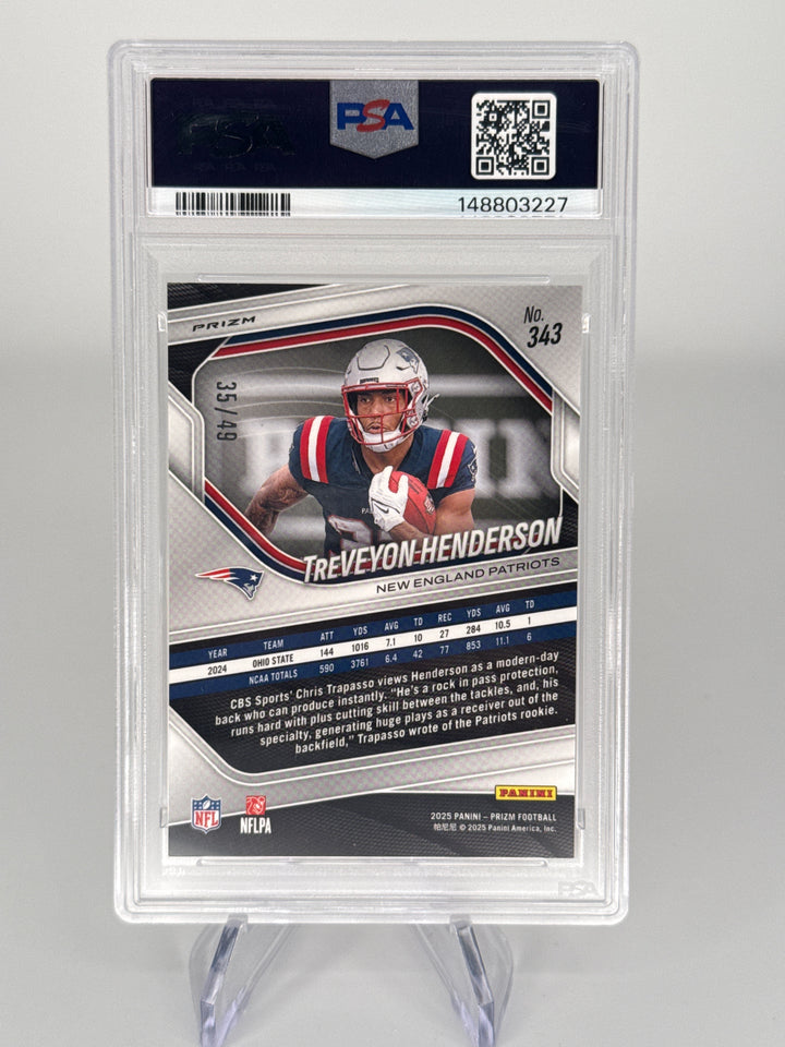 Treveyon Henderson 2025 Panini Prizm Red Shimmer Rookie, 35/49, PSA 9 Mint