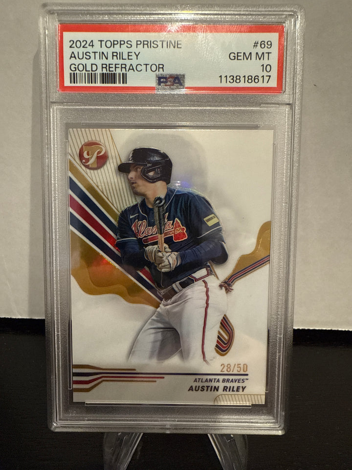 Austin Riley 2024 Topps Pristine Gold Refractor, 28/50, PSA 10 Gem Mint