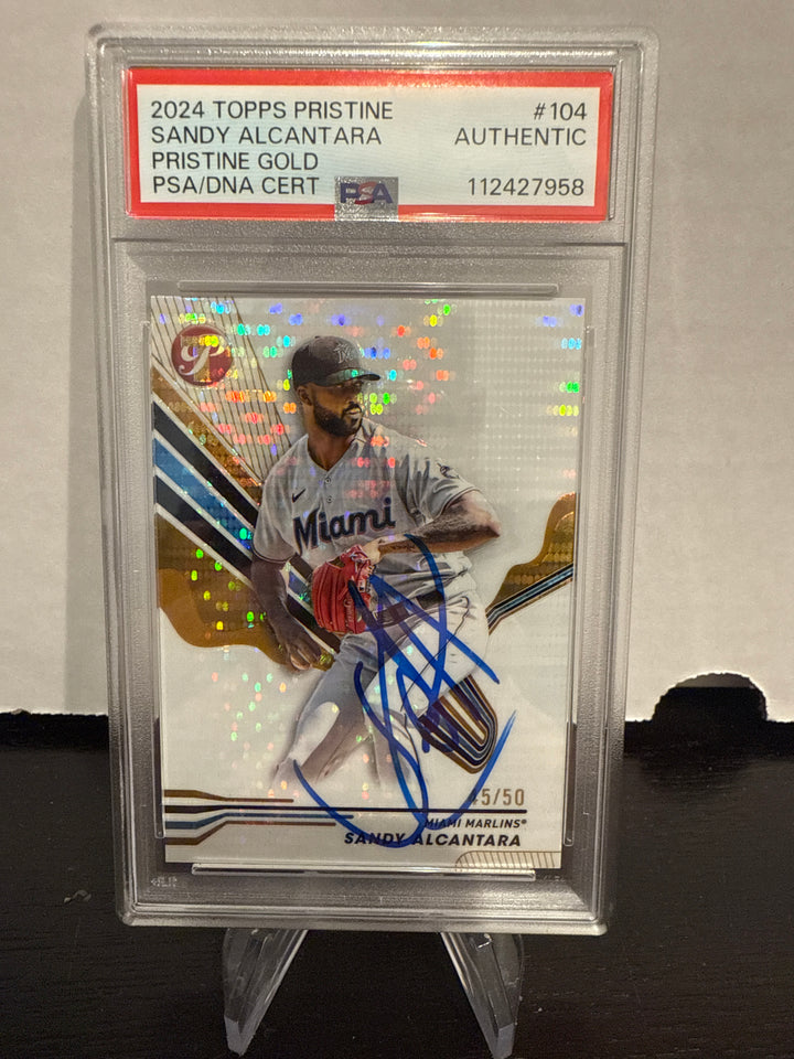 Sandy Alcantara 2024 Topps Pristine Gold Refractor, 45/50, PSA Authentic Auto