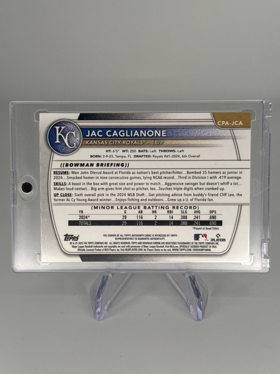 Jac Caglianone 2025 Bowman Chrome Prospect Purple Refractor Auto, 219/250
