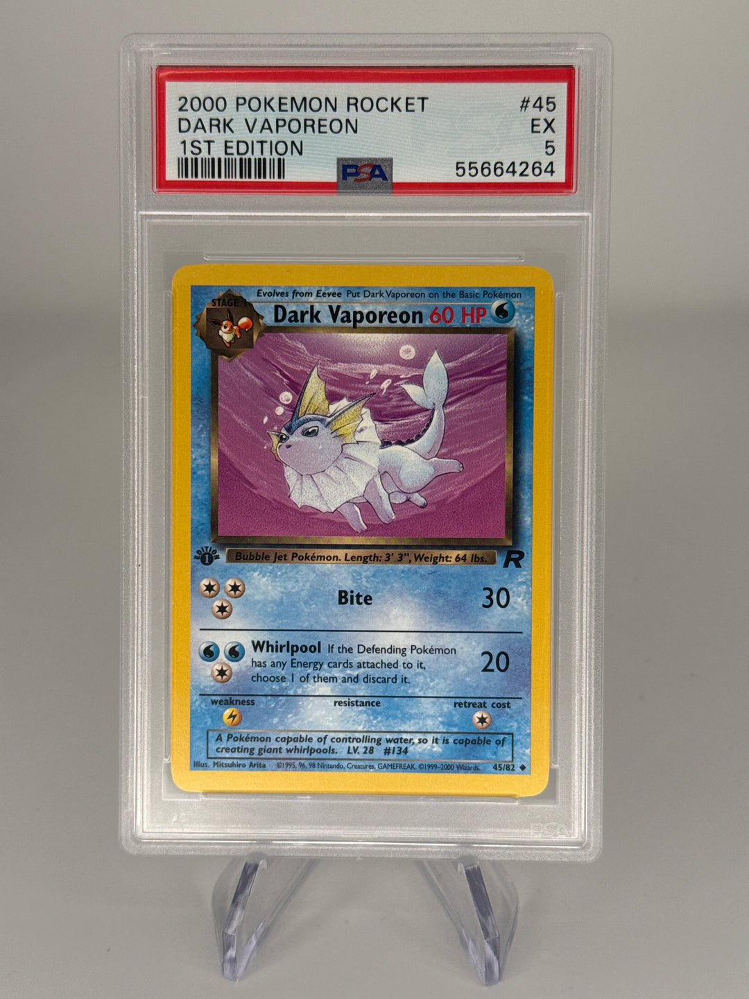 Pokémon TCG 2000 Dark Vaporeon Team Rocket 1st Edition, 45/82, PSA 5