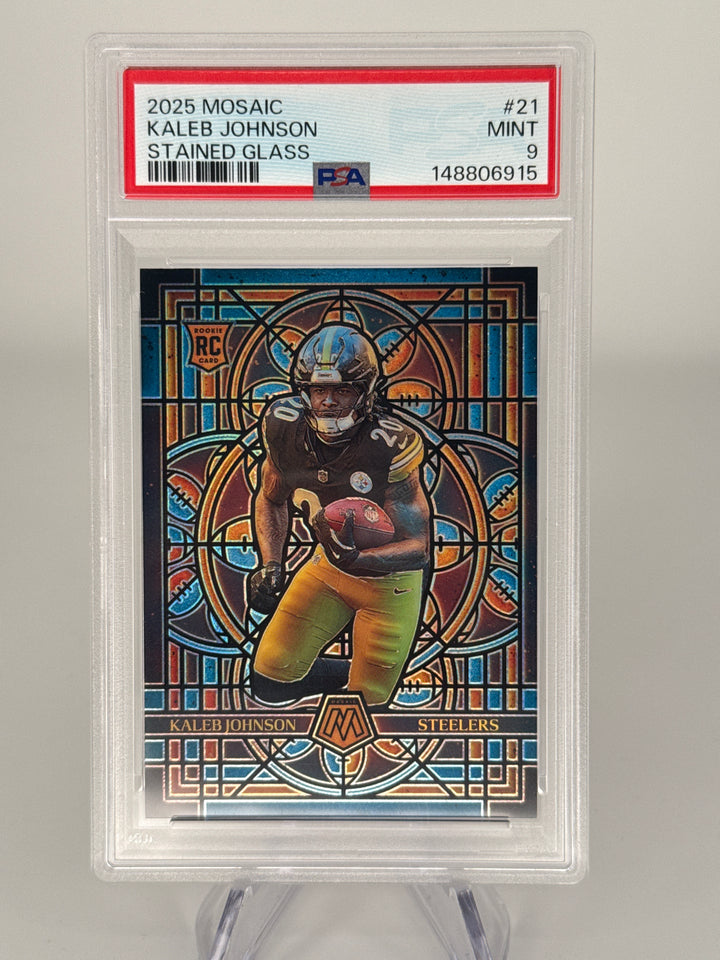 Kaleb Johnson 2025 Panini Mosaic Stained Glass SSP Case Hit Rookie, PSA 9 Mint