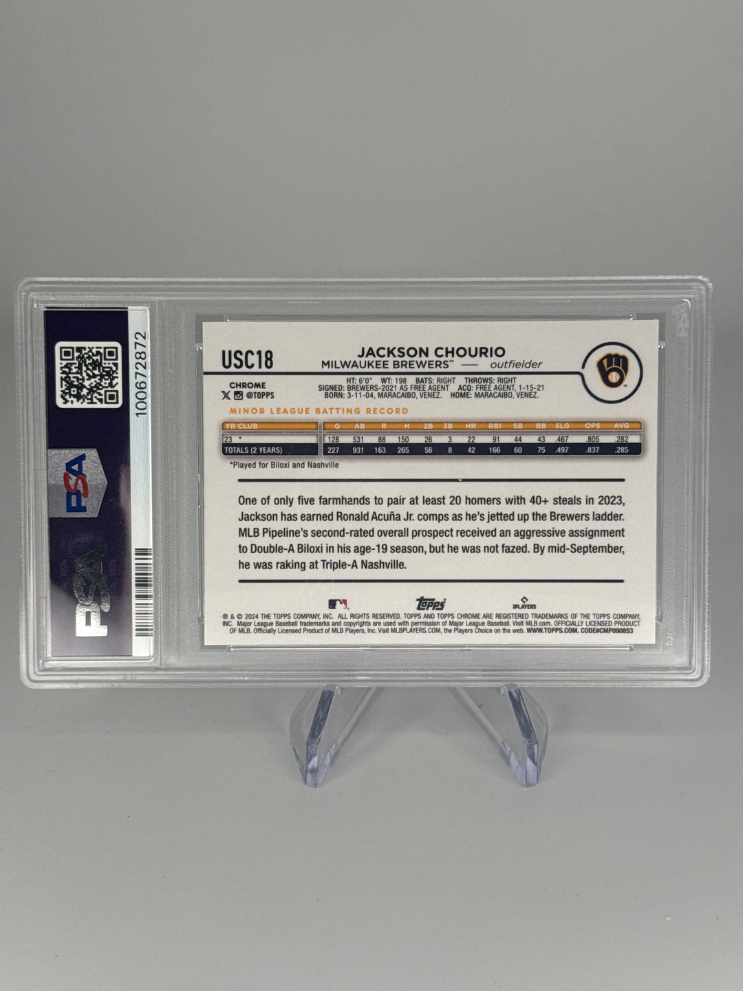 Jackson Chourio 2024 Topps Chrome Update SP Rookie, PSA 9 Mint