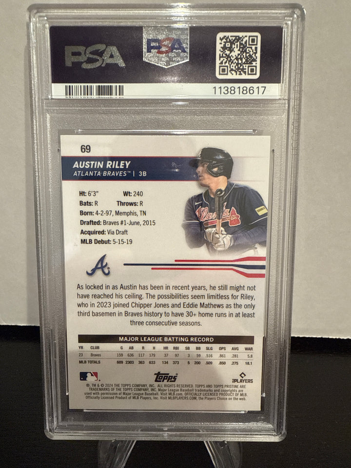 Austin Riley 2024 Topps Pristine Gold Refractor, 28/50, PSA 10 Gem Mint