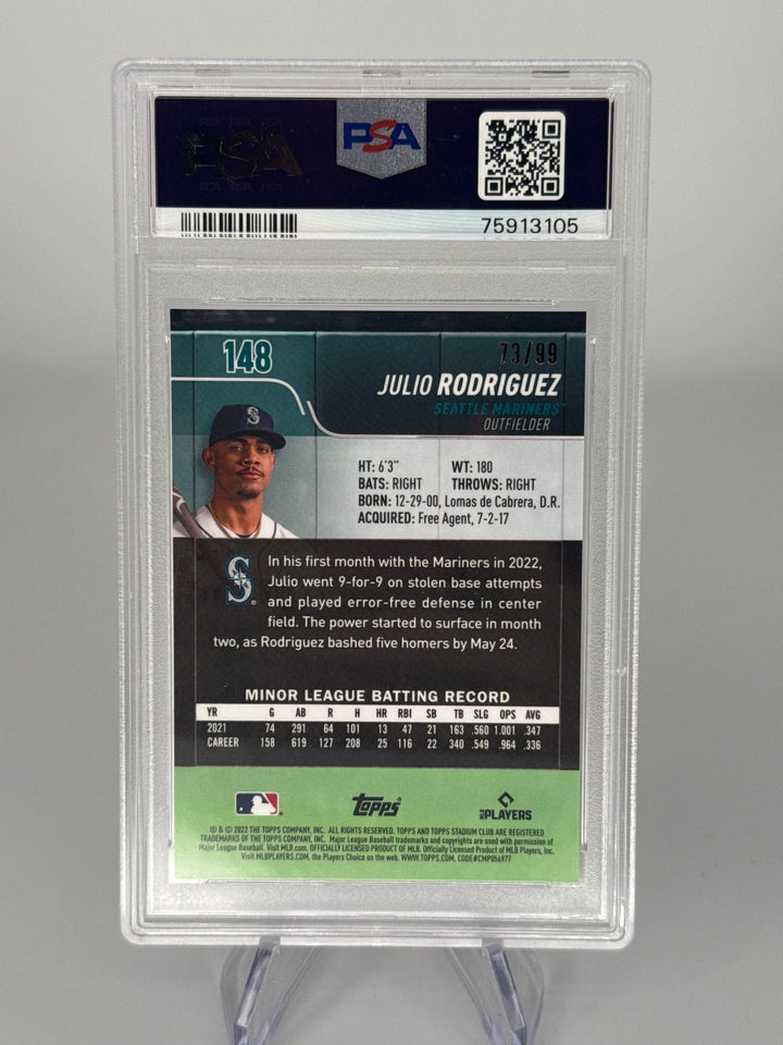 Julio Rodriguez 2022 Topps Stadium Club Green Refractor Rookie, 73/99, PSA 9 Mint