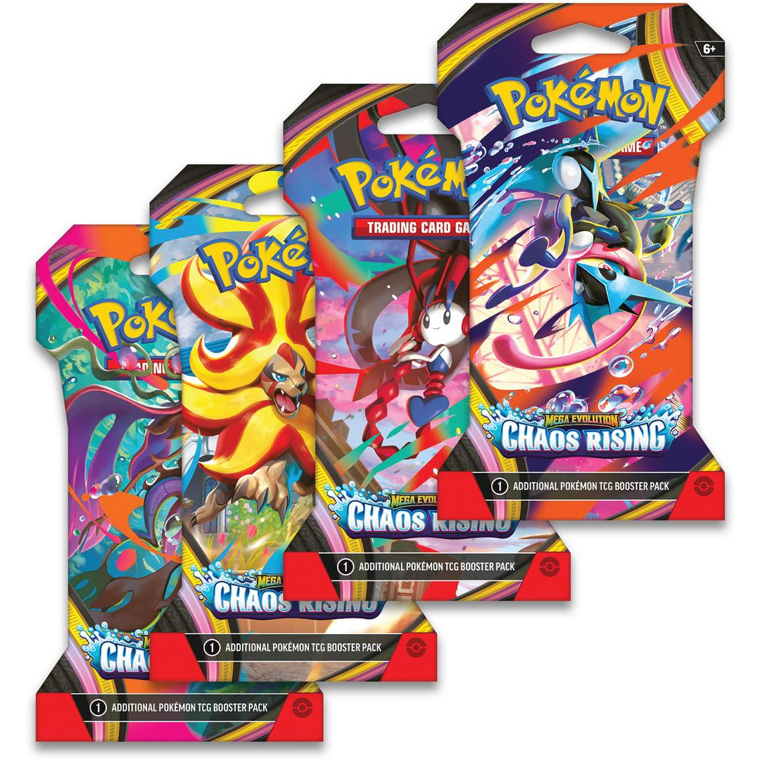 Three Pokemon trading card game booster packs with colorful designs and character illustrations.