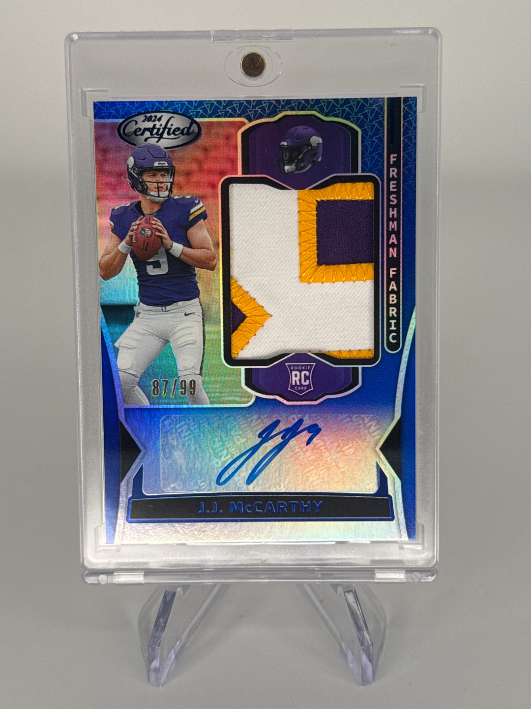 JJ McCarthy 2024 Panini Certified Freshman Fabric Rookie Patch Auto Blue, 87/99