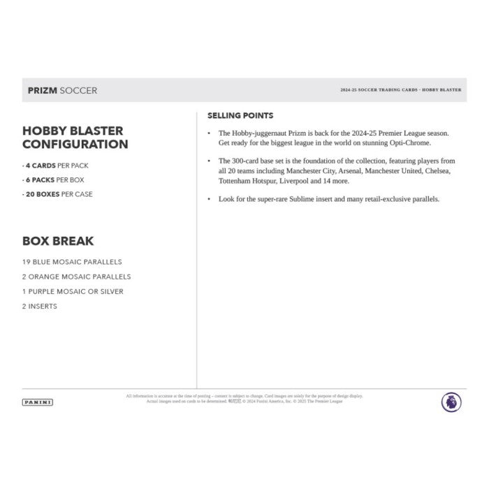 Prism Soccer Hobby Blaster configuration and selling points on a white background