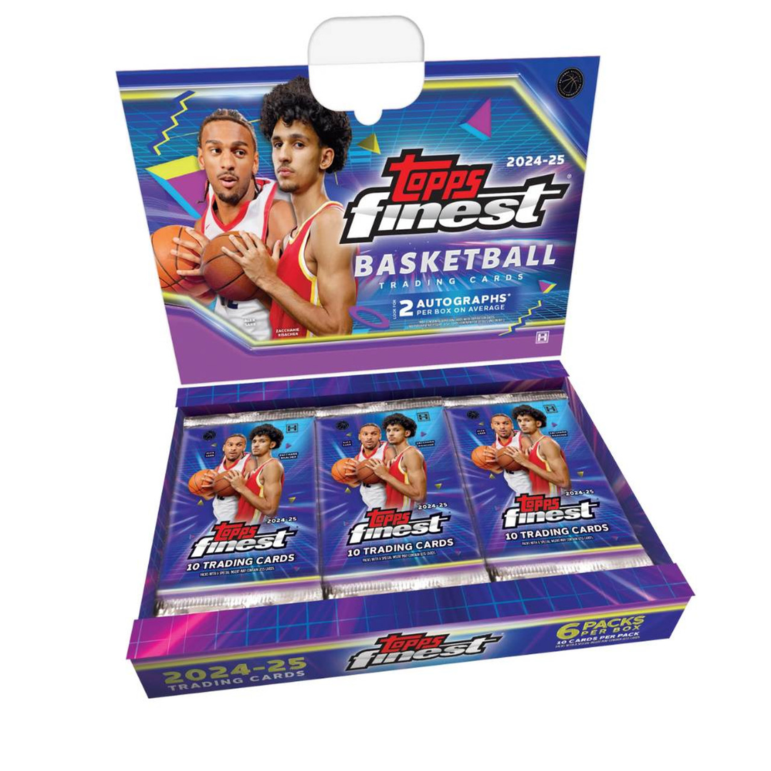 A purple and blue box opened up showing 2024-2025 Topps Finest Basketball Trading Cards on a white background.